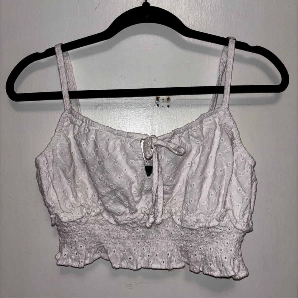White Eyelet Tie Front Crop Top